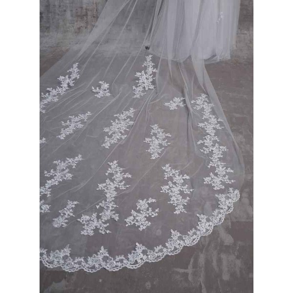 Two-tier Lace Applique Edge Cathedral Bridal Veils With Lace