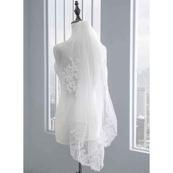 One-tier Lace Applique Edge Elbow Bridal Veils With Rhinestones/Lace