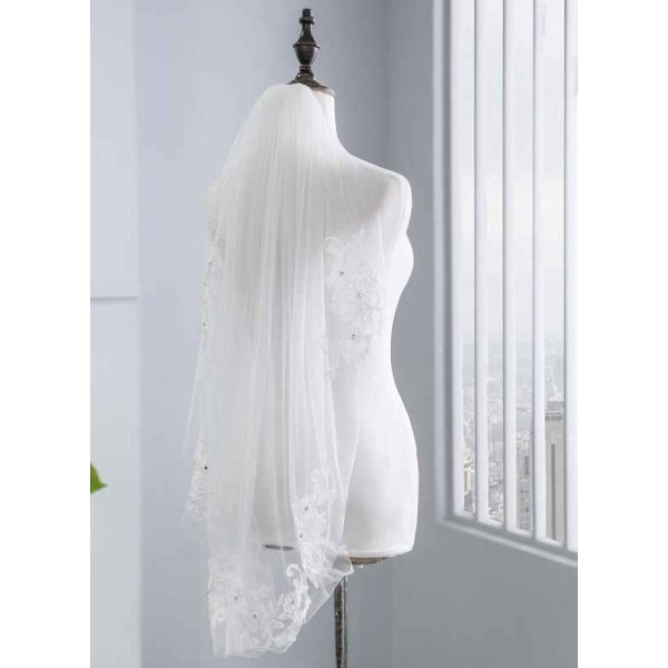 One-tier Lace Applique Edge Elbow Bridal Veils With Rhinestones/Lace