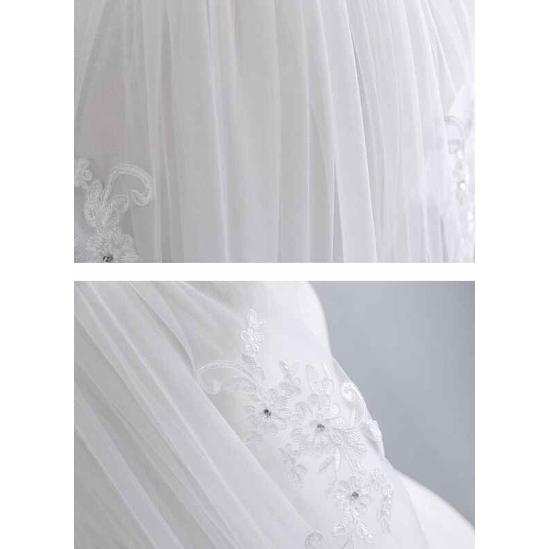 One-tier Lace Applique Edge Elbow Bridal Veils With Rhinestones/Lace