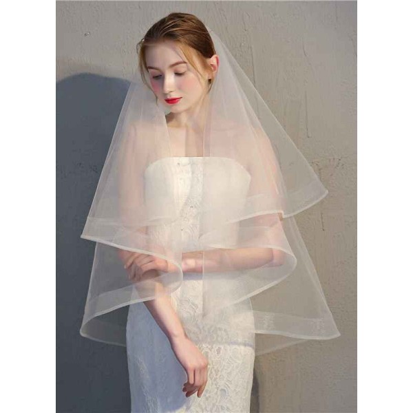 Two-tier Pencil Edge Fingertip Bridal Veils With Ribbon