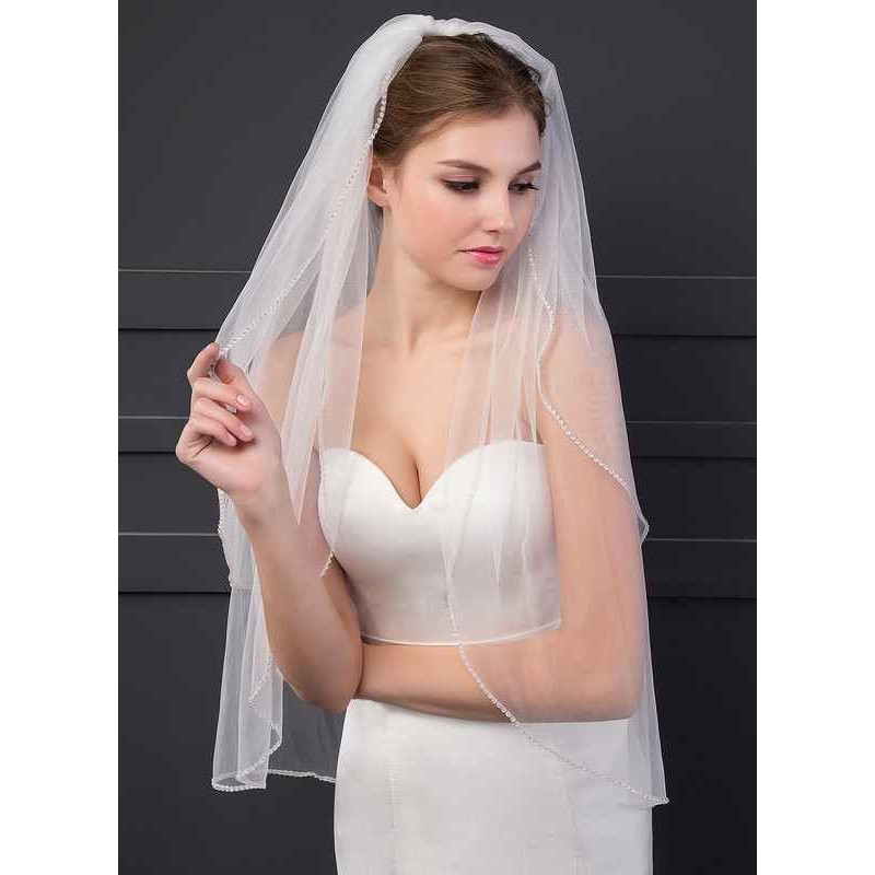 Two-tier Cut Edge Elbow Bridal Veils With Rhinestones