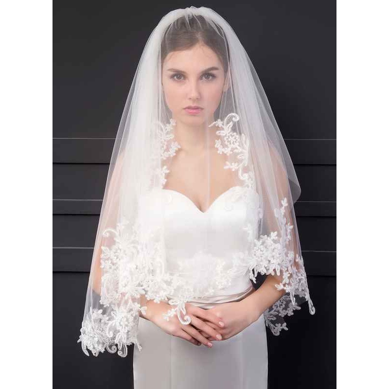 Two-tier Lace Applique Edge Elbow Bridal Veils With Lace