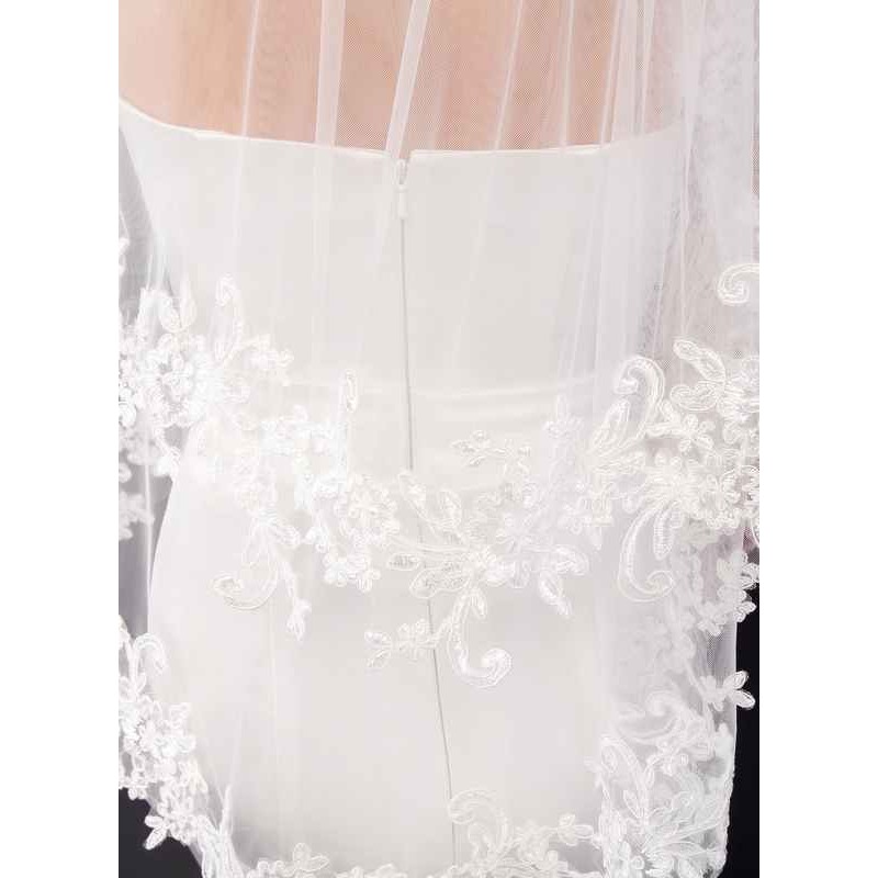 Two-tier Lace Applique Edge Elbow Bridal Veils With Lace