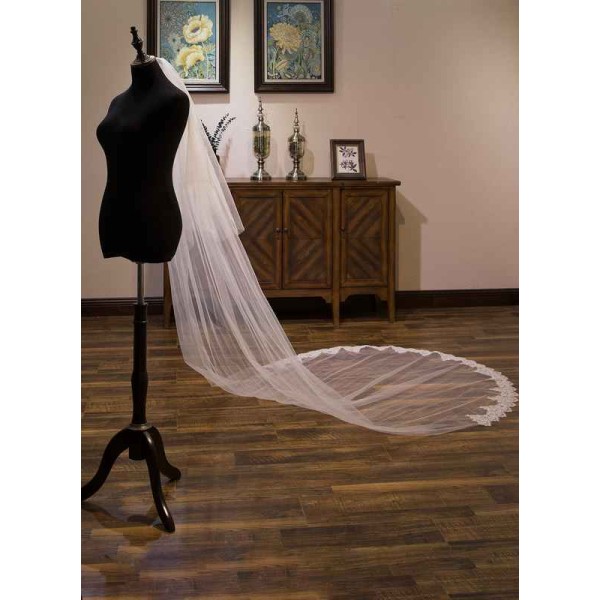 Two-tier Lace Applique Edge Cathedral Bridal Veils With Lace