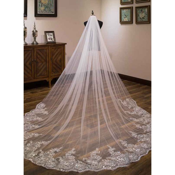 One-tier Lace Applique Edge Cathedral Bridal Veils With Lace