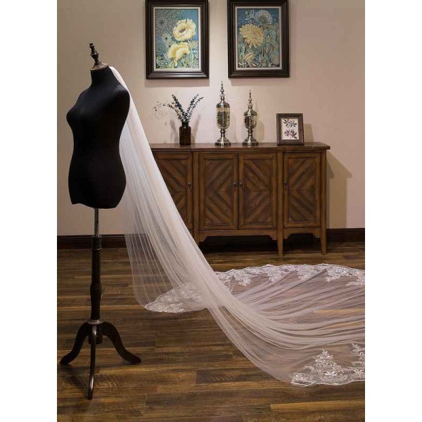 One-tier Lace Applique Edge Cathedral Bridal Veils With Lace