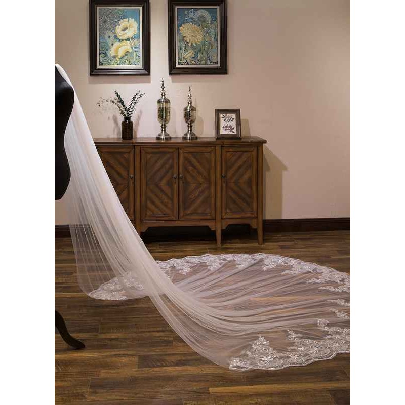 One-tier Lace Applique Edge Cathedral Bridal Veils With Lace