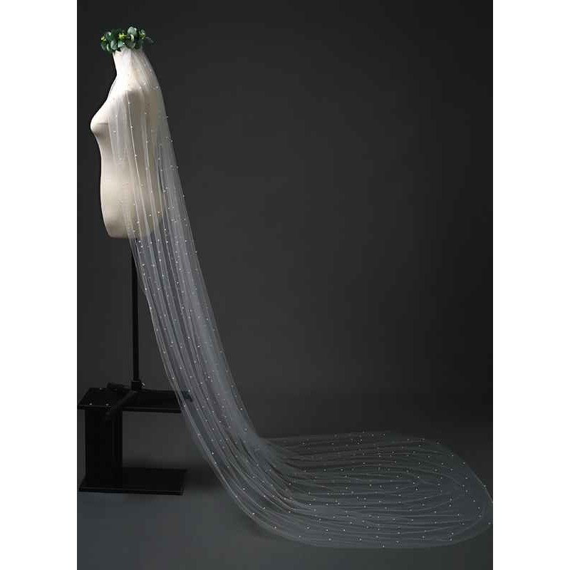 One-tier Cut Edge Chapel Bridal Veils With Faux Pearl