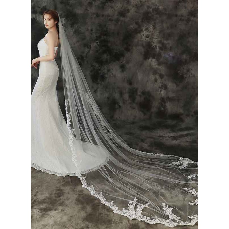 One-tier Lace Applique Edge Chapel Bridal Veils With Lace