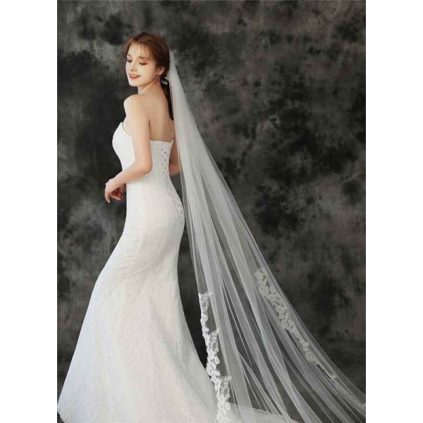 One-tier Lace Applique Edge Chapel Bridal Veils With Lace