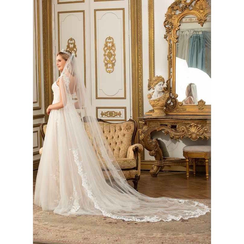 One-tier Lace Applique Edge Chapel Bridal Veils With Lace