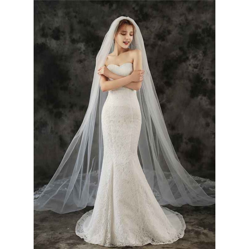 One-tier Lace Applique Edge Cathedral Bridal Veils With Lace