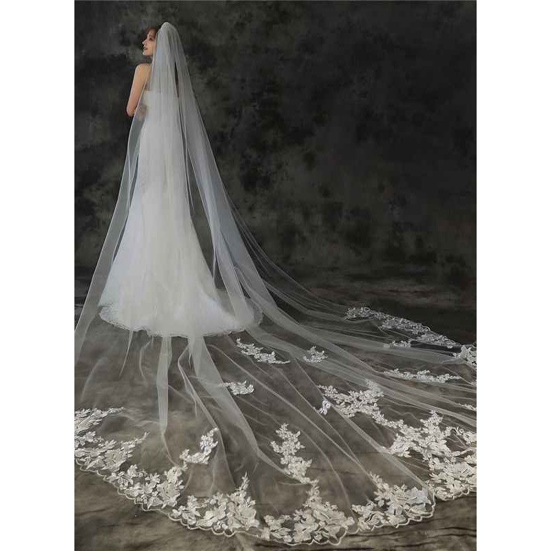 One-tier Lace Applique Edge Cathedral Bridal Veils With Lace