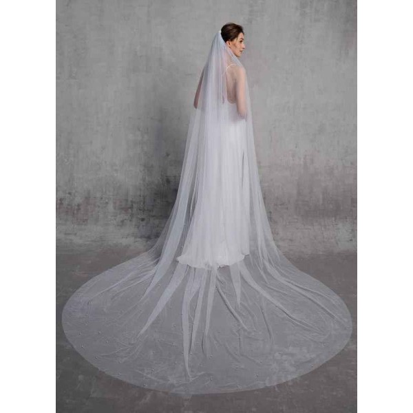 One-tier Cut Edge Cathedral Bridal Veils With Faux Pearl