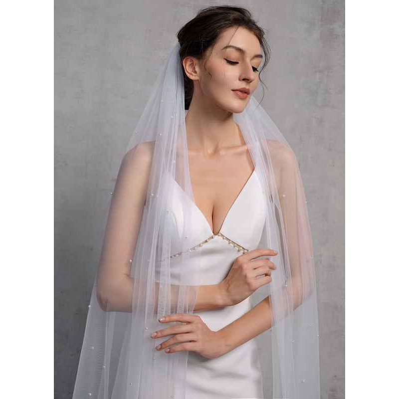 One-tier Cut Edge Cathedral Bridal Veils With Faux Pearl