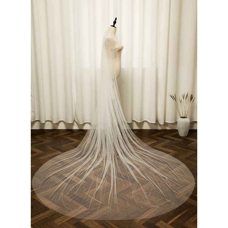 One-tier Cut Edge Cathedral Bridal Veils With Faux Pearl