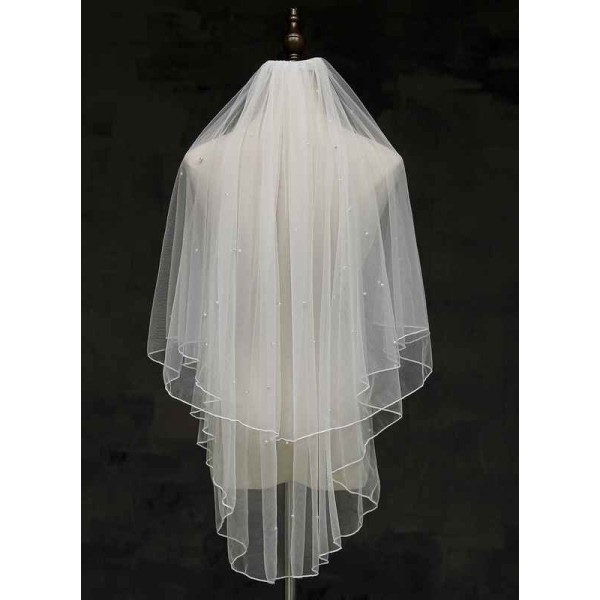 Two-tier Pencil Edge Fingertip Bridal Veils With Faux Pearl