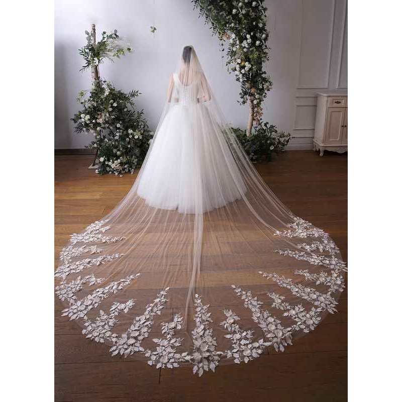 One-tier Lace Applique Edge Cathedral Bridal Veils With Lace