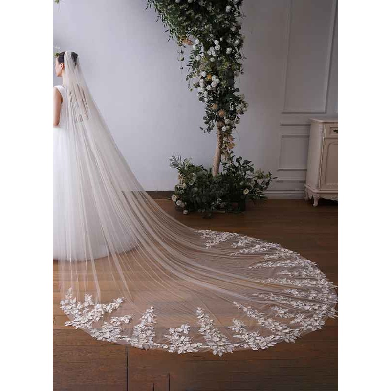 One-tier Lace Applique Edge Cathedral Bridal Veils With Lace