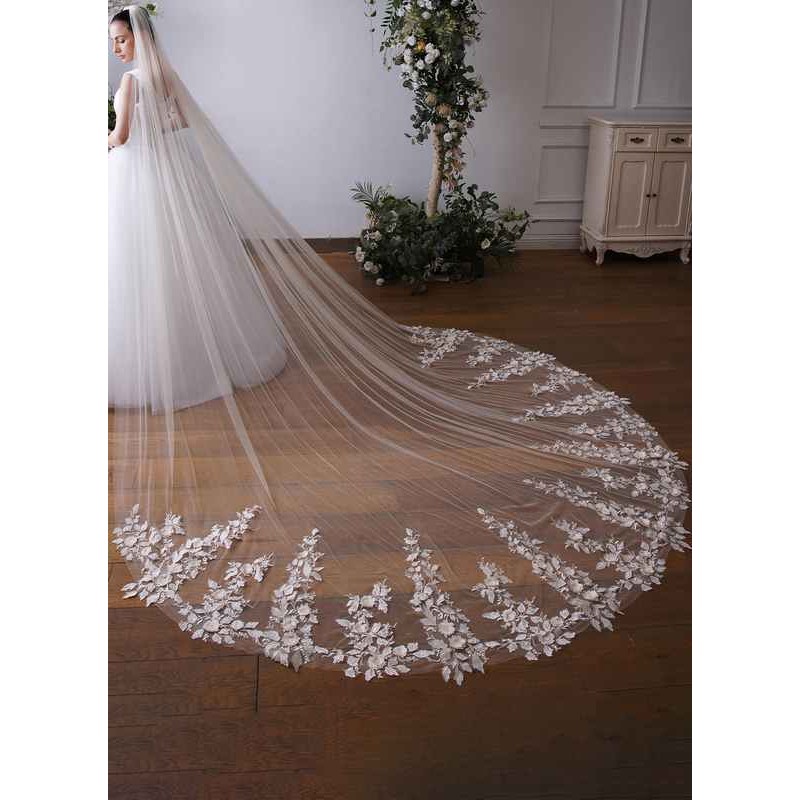 One-tier Lace Applique Edge Cathedral Bridal Veils With Lace