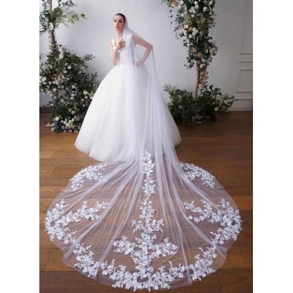 One-tier Cut Edge Cathedral Bridal Veils With Lace