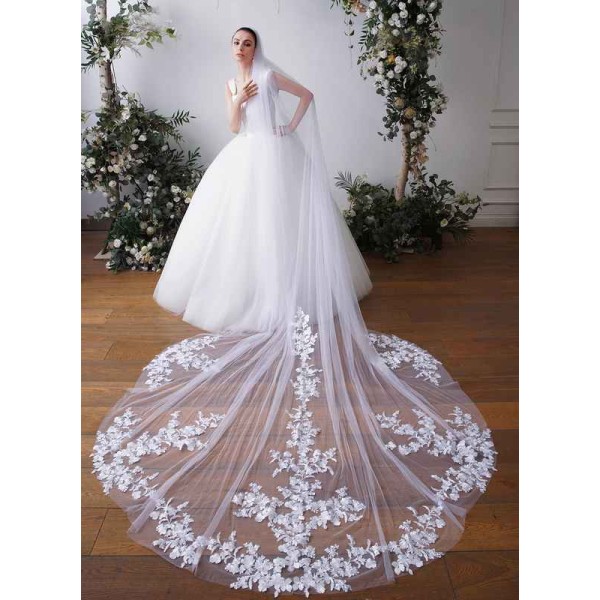 One-tier Cut Edge Cathedral Bridal Veils With Lace