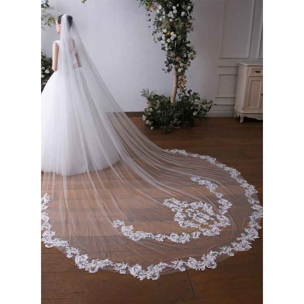 One-tier Lace Applique Edge Cathedral Bridal Veils With Lace