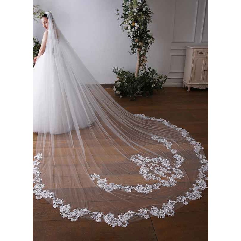 One-tier Lace Applique Edge Cathedral Bridal Veils With Lace