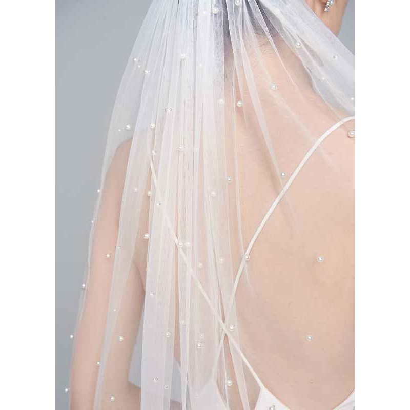 One-tier Cut Edge Fingertip Bridal Veils With Faux Pearl