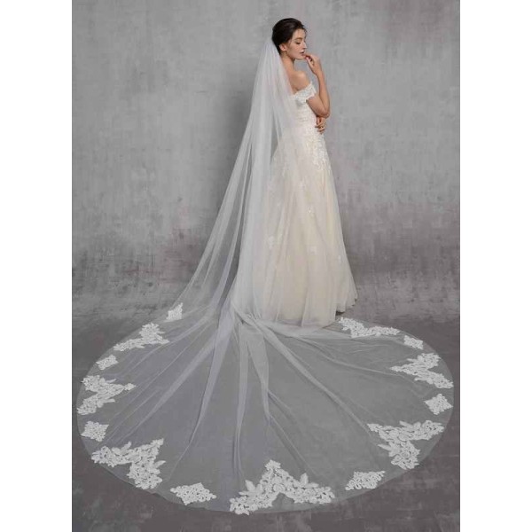 One-tier Lace Applique Edge Cathedral Bridal Veils With Lace