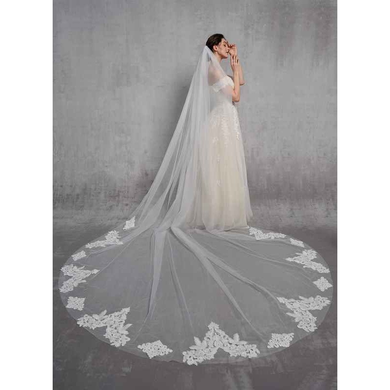 One-tier Lace Applique Edge Cathedral Bridal Veils With Lace