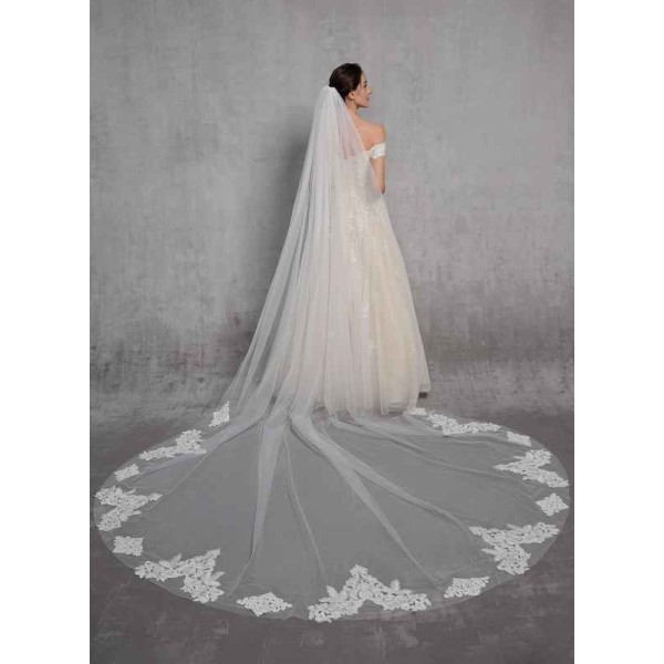 One-tier Lace Applique Edge Cathedral Bridal Veils With Lace