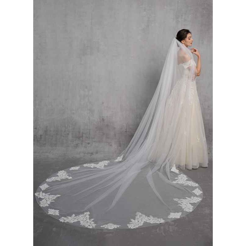 One-tier Lace Applique Edge Cathedral Bridal Veils With Lace