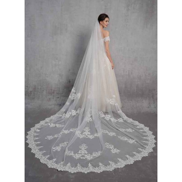 One-tier Lace Applique Edge Cathedral Bridal Veils With Lace