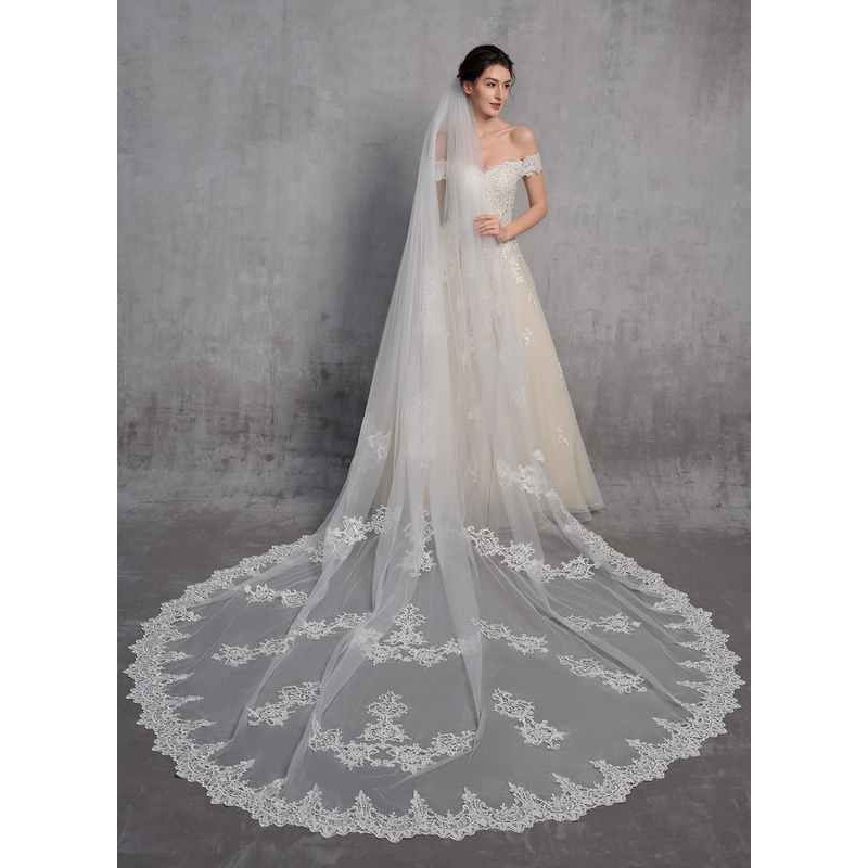 One-tier Lace Applique Edge Cathedral Bridal Veils With Lace