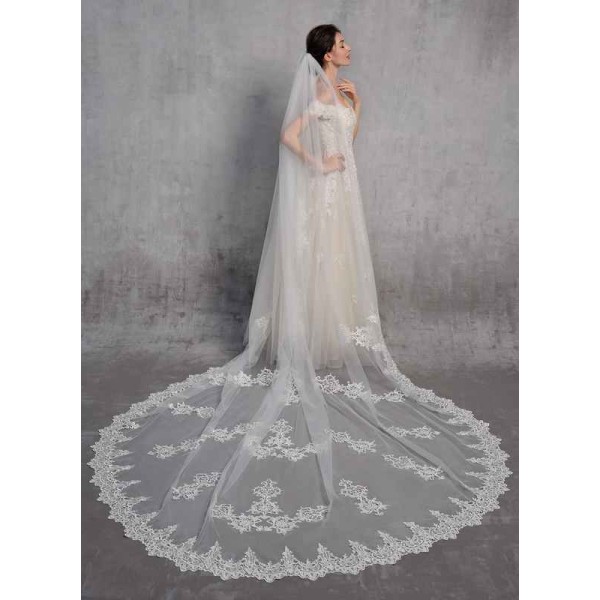 One-tier Lace Applique Edge Cathedral Bridal Veils With Lace