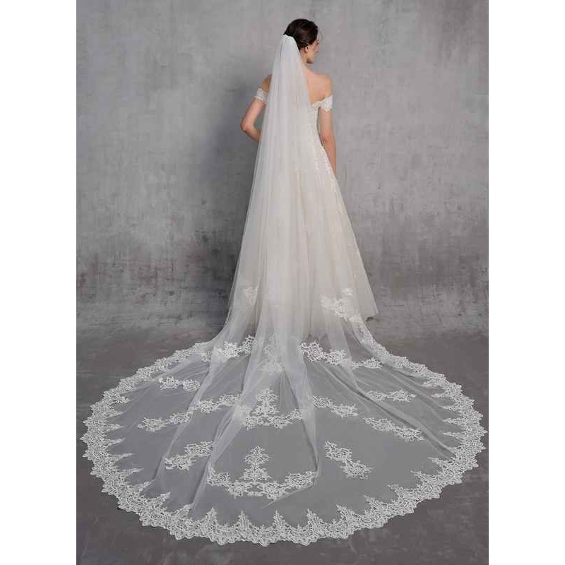 One-tier Lace Applique Edge Cathedral Bridal Veils With Lace