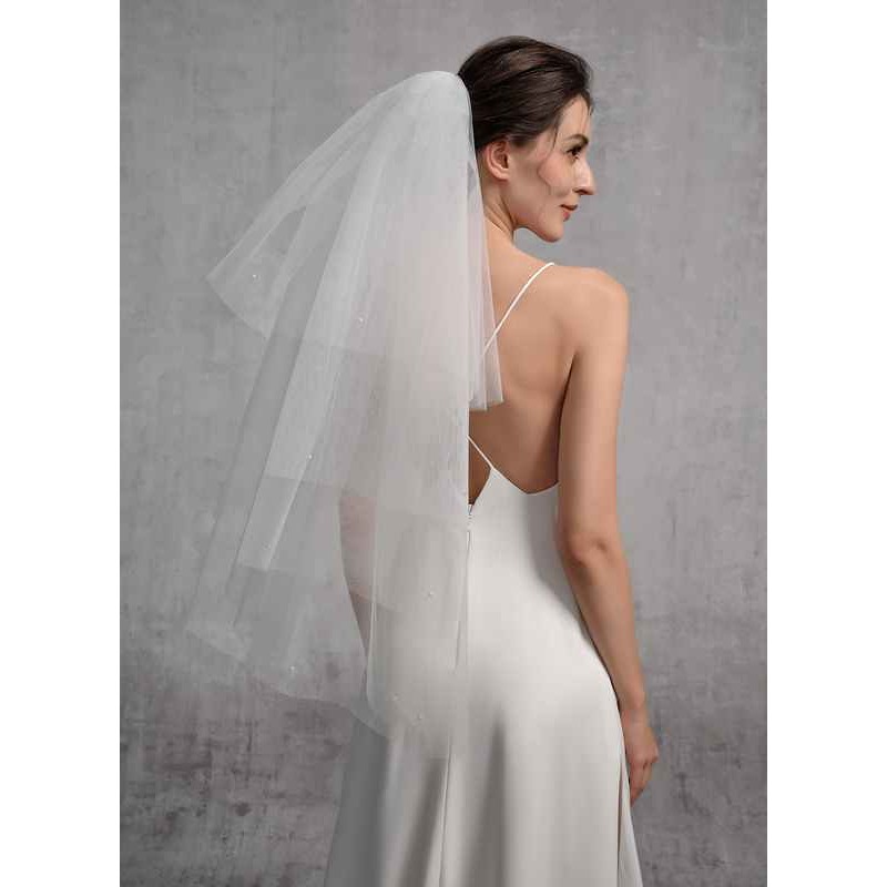 Four-tier Cut Edge Elbow Bridal Veils With Lace