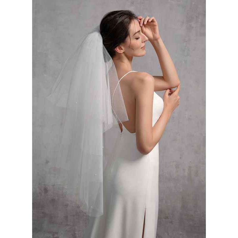 Four-tier Cut Edge Elbow Bridal Veils With Lace