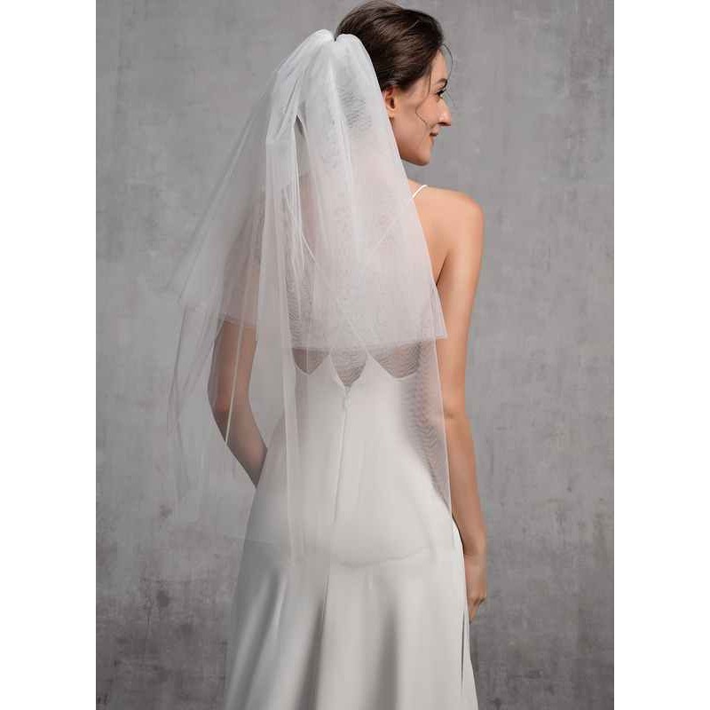 Two-tier Cut Edge Elbow Bridal Veils With Lace