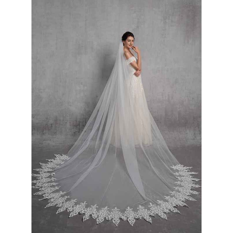 One-tier Lace Applique Edge Elbow Bridal Veils With Lace