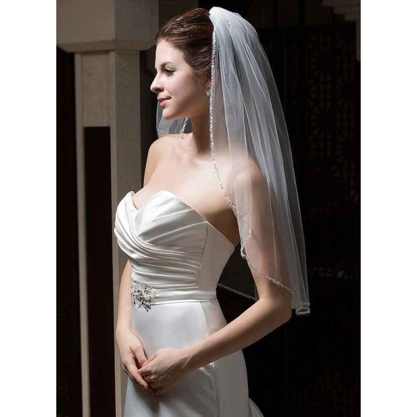 One-tier Pearl Trim Edge Elbow Bridal Veils With Beading/Sequin