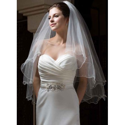 Two-tier Pencil Edge Fingertip Bridal Veils With Rhinestones