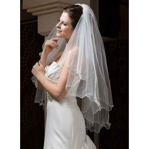 Two-tier Pencil Edge Fingertip Bridal Veils With Rhinestones