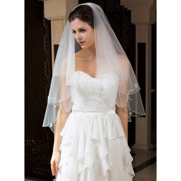 Two-tier Beaded Edge Elbow Bridal Veils With Beading/Sequin