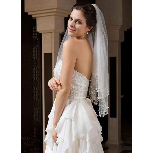 Two-tier Beaded Edge Elbow Bridal Veils With Beading/Sequin