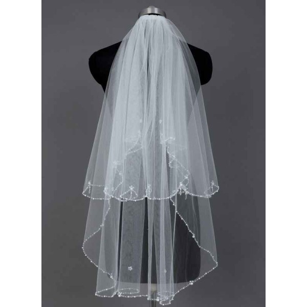 Two-tier Beaded Edge Fingertip Bridal Veils With Beading/Faux Pearl/Sequin