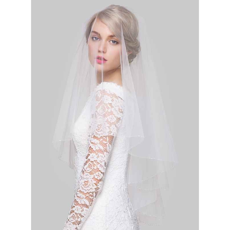 Two-tier Beaded Edge Fingertip Bridal Veils With Beading