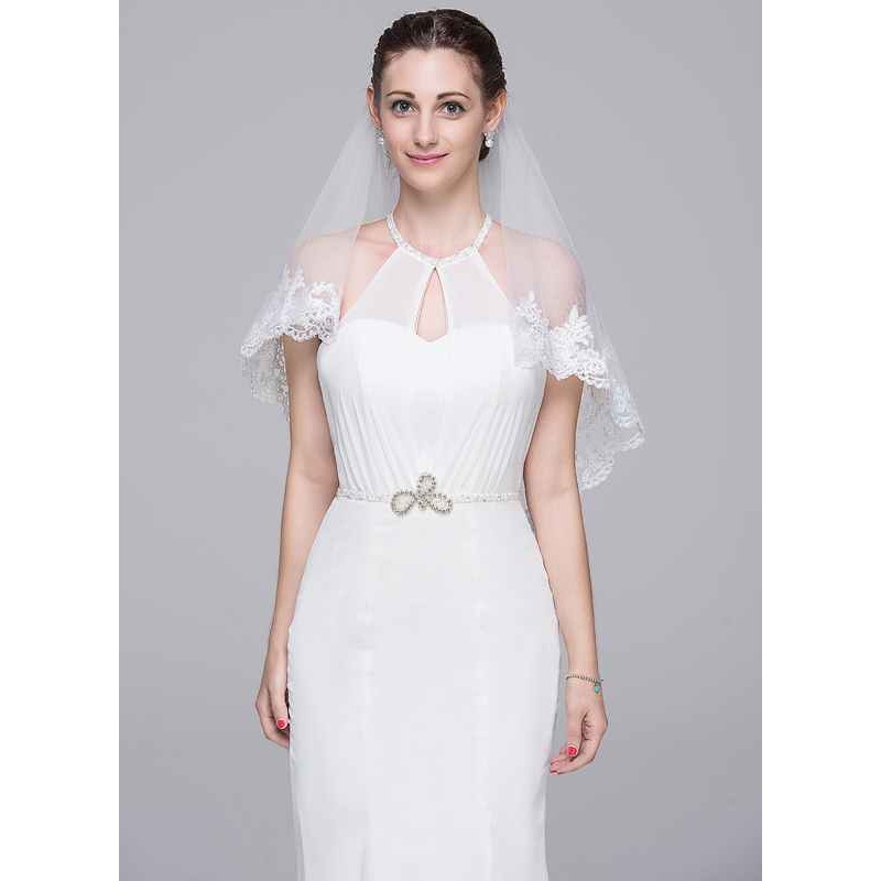 Two-tier Lace Applique Edge Elbow Bridal Veils With Lace